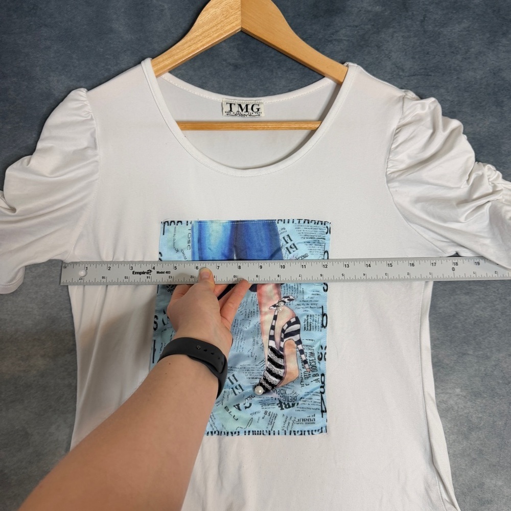 Y2K White Graphic Rhinestone Top Women’s Small TMG Made in USA Retro Clubwear - Picture 9 of 14